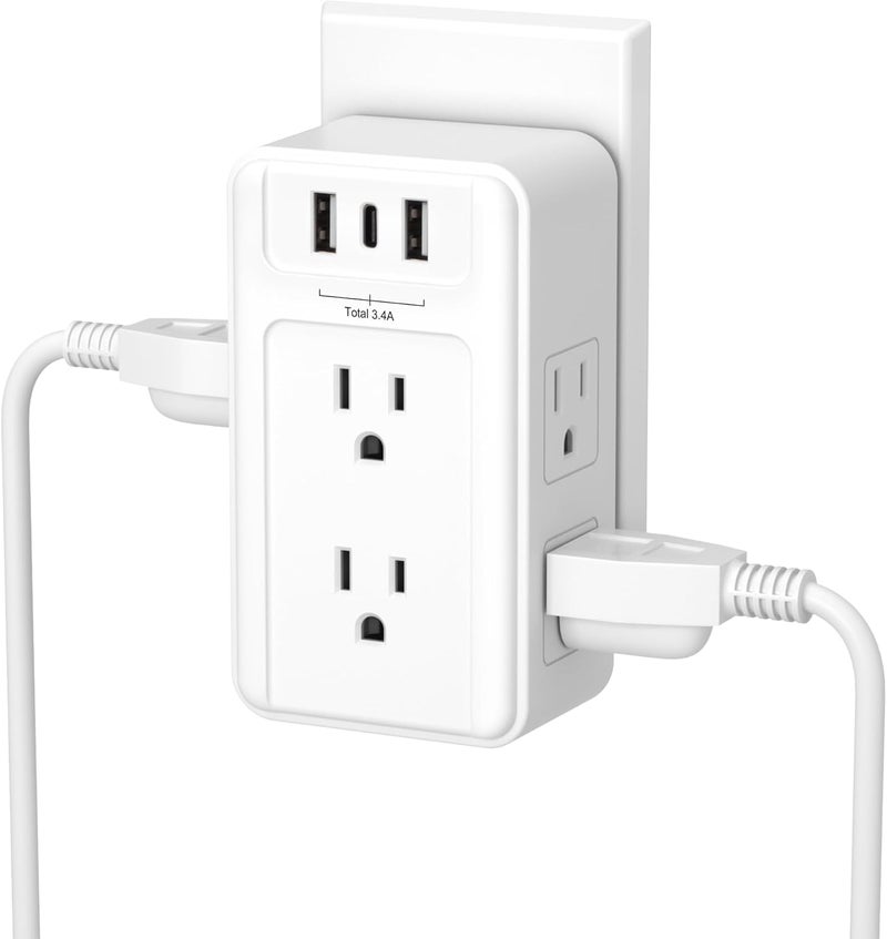BN-LINK Multi Plug Outlet, 6 Wall Outlet Extender with 3 USB Charging Ports (1 USB C) Total 3.4A, 3-Sided Outlets Splitter Multiple Outlet Wall Plug for Home Office Dorm Room - Image 1